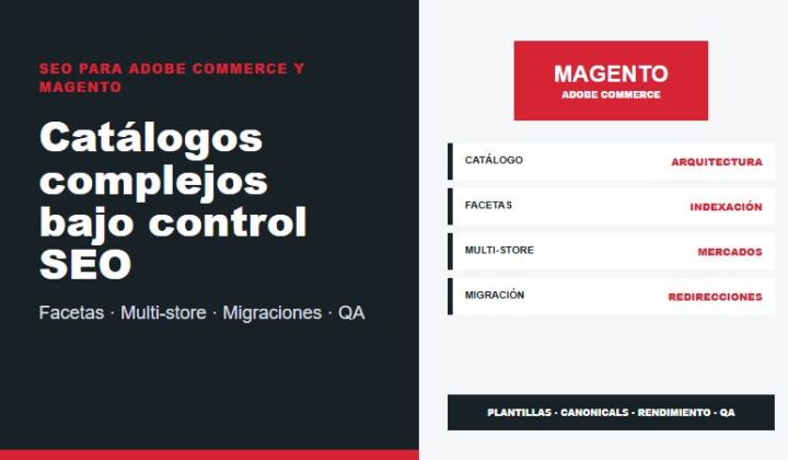 Servicio SEO para Adobe Commerce y Magento en Perú con catálogo, facetas, multi-store, migraciones y QA