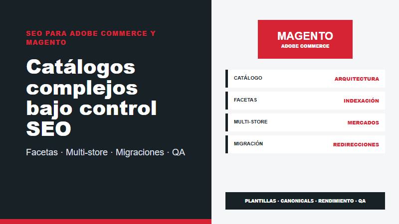 Servicio SEO para Adobe Commerce y Magento en Perú con catálogo, facetas, multi-store, migraciones y QA