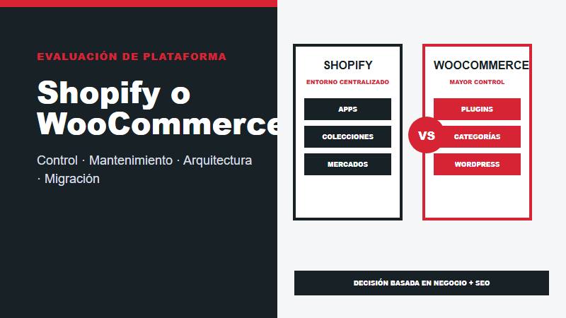 Consultoría SEO para elegir Shopify o WooCommerce en Perú comparando control, mantenimiento, arquitectura y migración